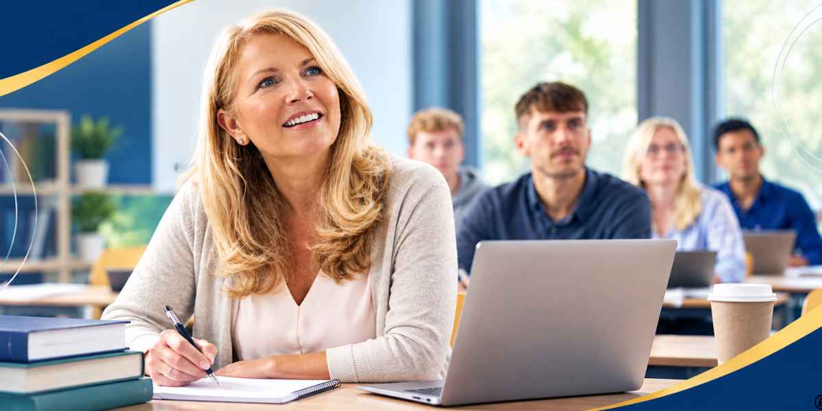 Mature student studying in a modern classroom with a laptop, books and notebook, surrounded by other adult learners.