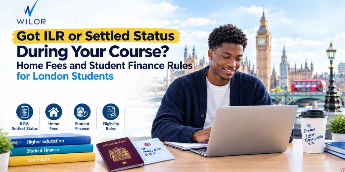 Young student studying with a laptop in London, with Big Ben and a red double-decker bus in the background, illustrating ILR or settled status, home fees and student finance rules.