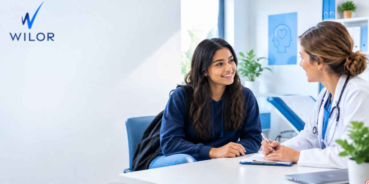 Student speaking with a GP in a modern clinic, representing NHS, GP and mental health support for students.
