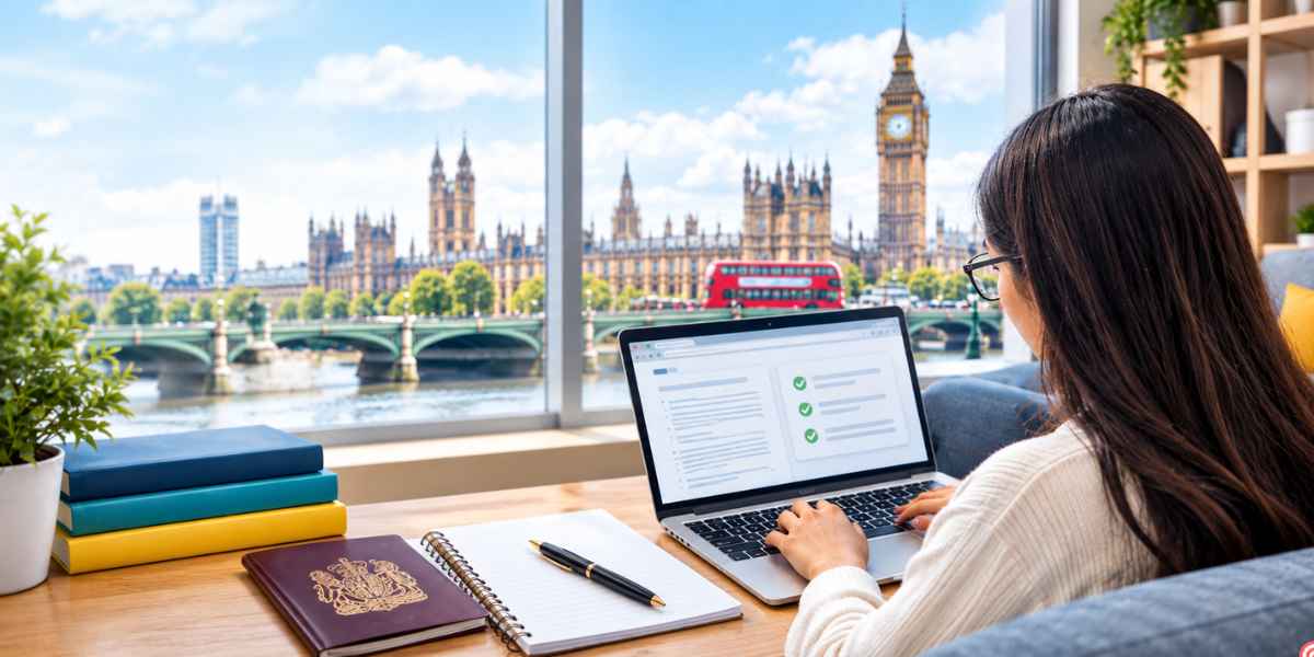 Student studying about Home Fees vs Student Finance on a laptop in London with Big Ben and Westminster Bridge visible through the window.