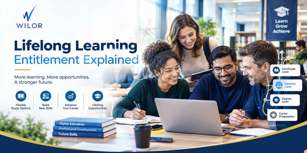 Diverse adult learners studying together with a laptop and books, illustrating the Lifelong Learning Entitlement and flexible education opportunities.