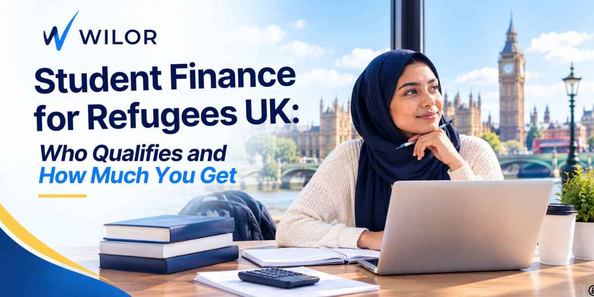 Student studying with a laptop and books in London, with Big Ben in the background and the WILOR logo and student finance information displayed.