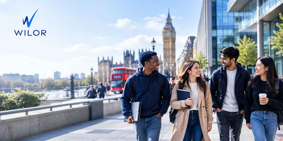 Students walking together in London with Big Ben and a red double-decker bus in the background, representing student life in London.