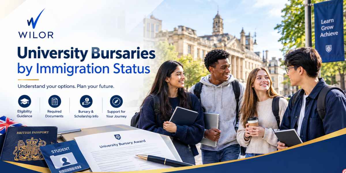 Diverse university students on campus with bursary documents and student identification materials, representing university bursaries by immigration status.