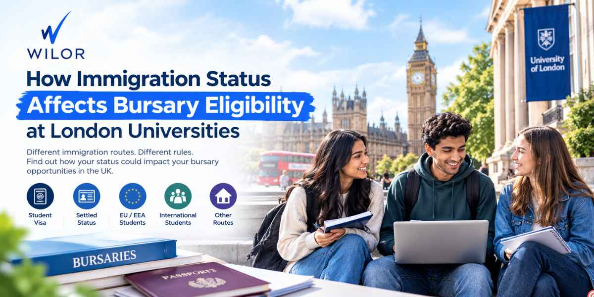 Diverse students in London with bursary information, passports and student documents, illustrating how immigration status can affect bursary eligibility at London universities.