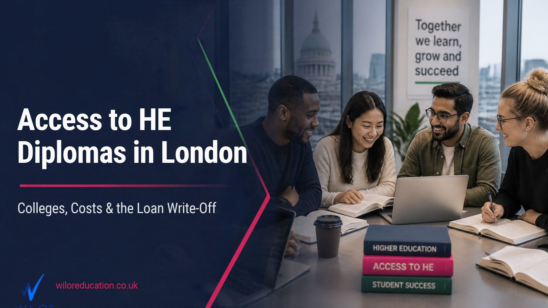Adult students studying together in a London college classroom for an Access to HE Diploma