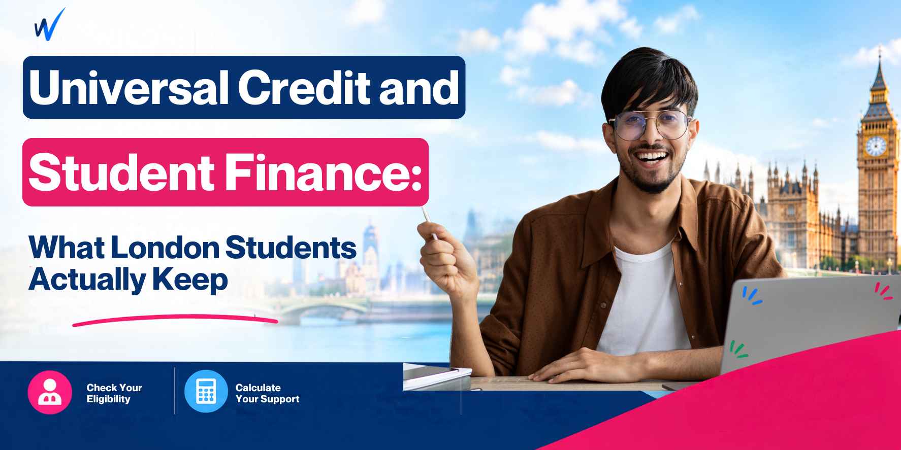 Wilor Education banner featuring a London student with books and the city skyline, promoting Universal Credit and Student Finance and explaining how much London students can keep after rent, bills and living costs.