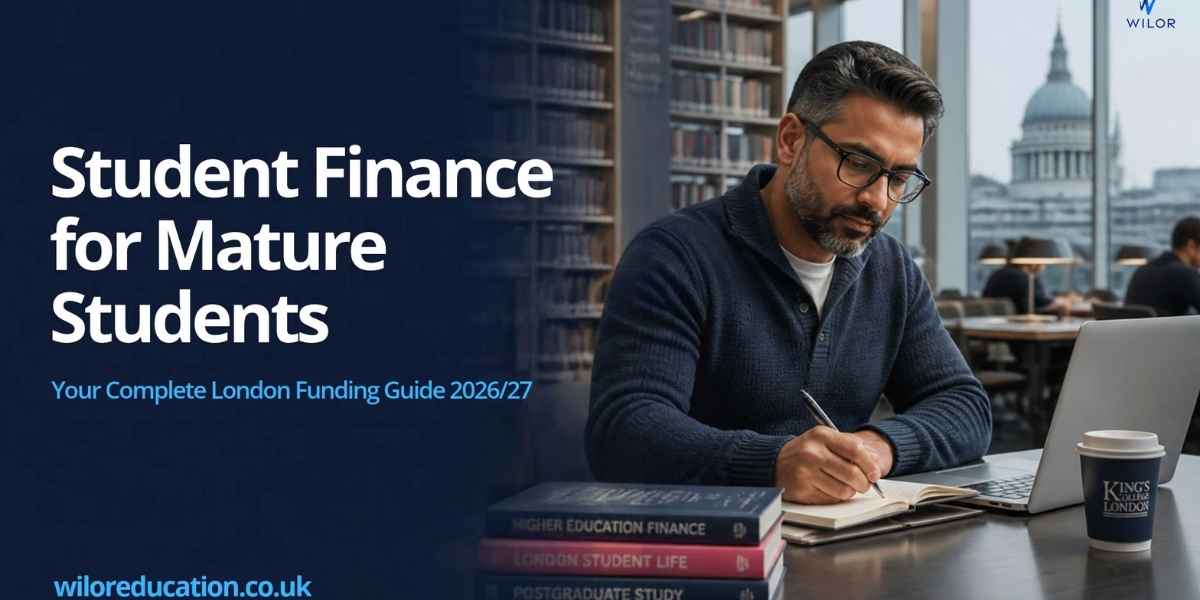 Mature student studying at a London university library with St Paul's Cathedral visible, illustrating the student finance guide for mature learners at Wilor Education